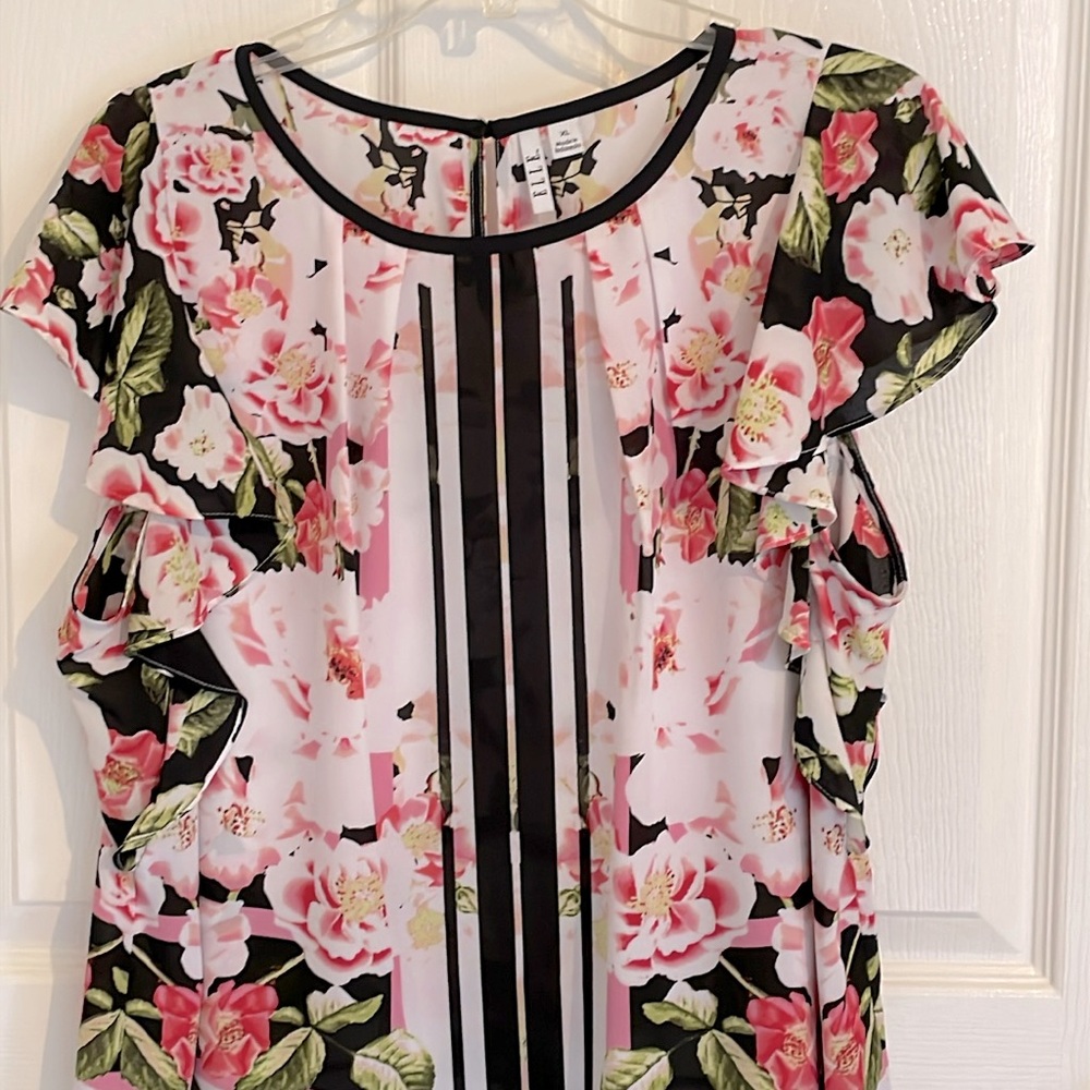 ELLE Pink Sheer Floral Detail Blouse Size XL, EUC